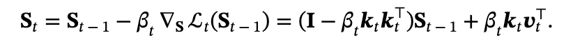 Equation from the Kimi Linear paper: S t equals S t minus 1 minus beta t times the gradient of L t, which equals I minus beta t k t k t transposed, times S t minus 1, plus beta t k t v t transposed