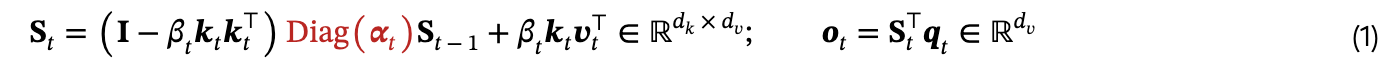 Equation 1 from the Kimi Linear paper: S t equals I minus beta t k t k t transposed, times Diag of alpha t, times S t minus 1, plus beta t k t v t transposed; o t equals S t transposed q t