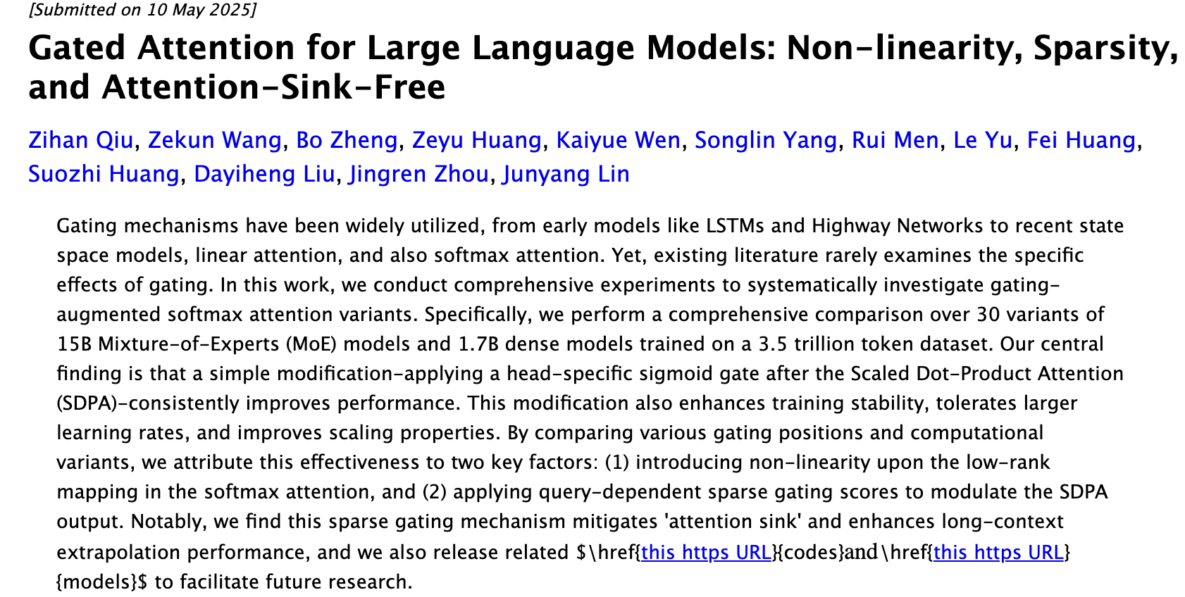 arXiv page of Gated Attention for Large Language Models: Non-linearity, Sparsity, and Attention-Sink-Free, with authors and abstract