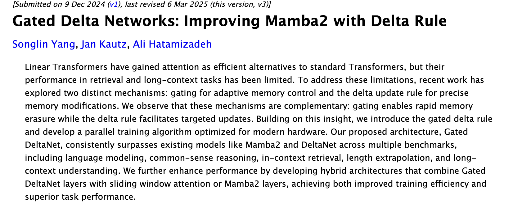 arXiv page of Gated Delta Networks: Improving Mamba2 with Delta Rule, by Songlin Yang, Jan Kautz and Ali Hatamizadeh, with the abstract