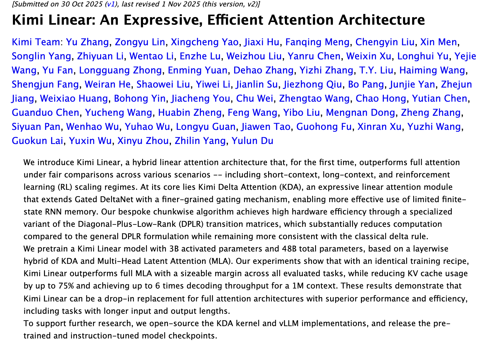 arXiv page of Kimi Linear: An Expressive, Efficient Attention Architecture, with the abstract