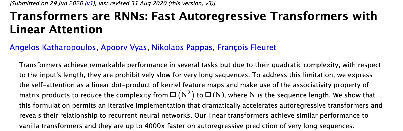arXiv page of Transformers are RNNs: Fast Autoregressive Transformers with Linear Attention