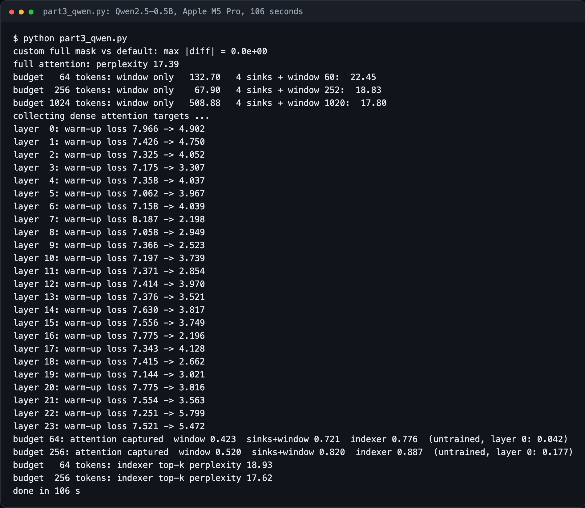 Terminal output of part3_qwen.py: window and sink perplexities, indexer warm-up losses per layer, attention captured and sparse perplexities