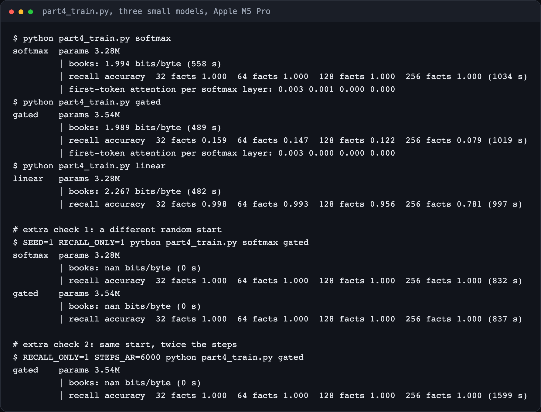Terminal output of part4_train.py for the three small models: parameters, bits per byte, recall accuracy and first-token attention