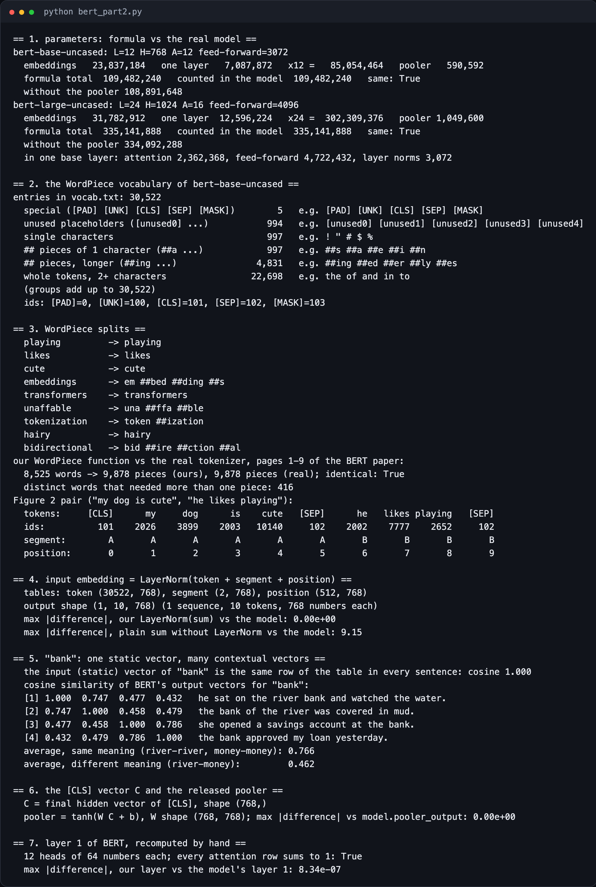 Terminal output of bert_part2.py: parameter counts by formula and by the real models, the vocabulary groups, WordPiece splits and the check against the real tokenizer, the Figure 2 pair with ids, segments and positions, the embedding check, the bank cosine similarities, the pooler check and the hand-computed layer