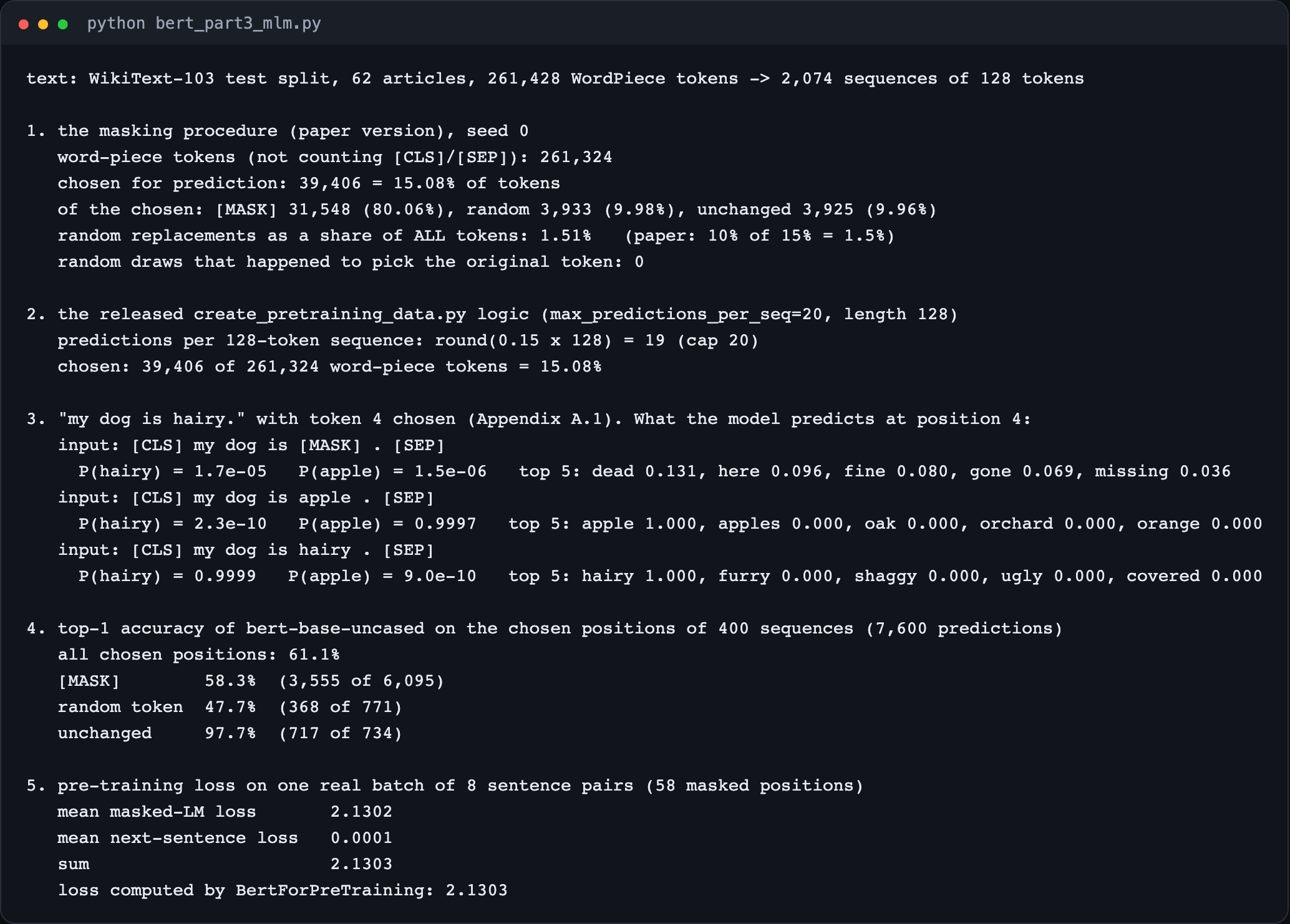 Terminal output of bert_part3_mlm.py: masking statistics, the released code comparison, the three my dog is hairy cases, top-1 accuracy by case and the two parts of the pre-training loss