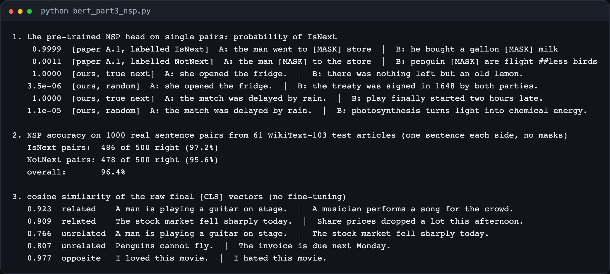 Terminal output of bert_part3_nsp.py: IsNext probabilities for six pairs, accuracy on 1,000 real pairs, and cosine similarities of raw CLS vectors