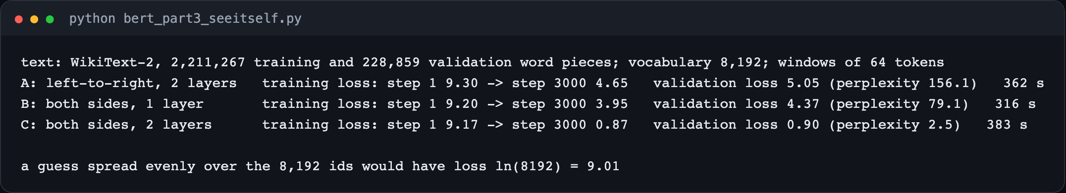 Terminal output of bert_part3_seeitself.py: training and validation losses of the left-to-right model, the one-layer both-sides model and the two-layer both-sides model