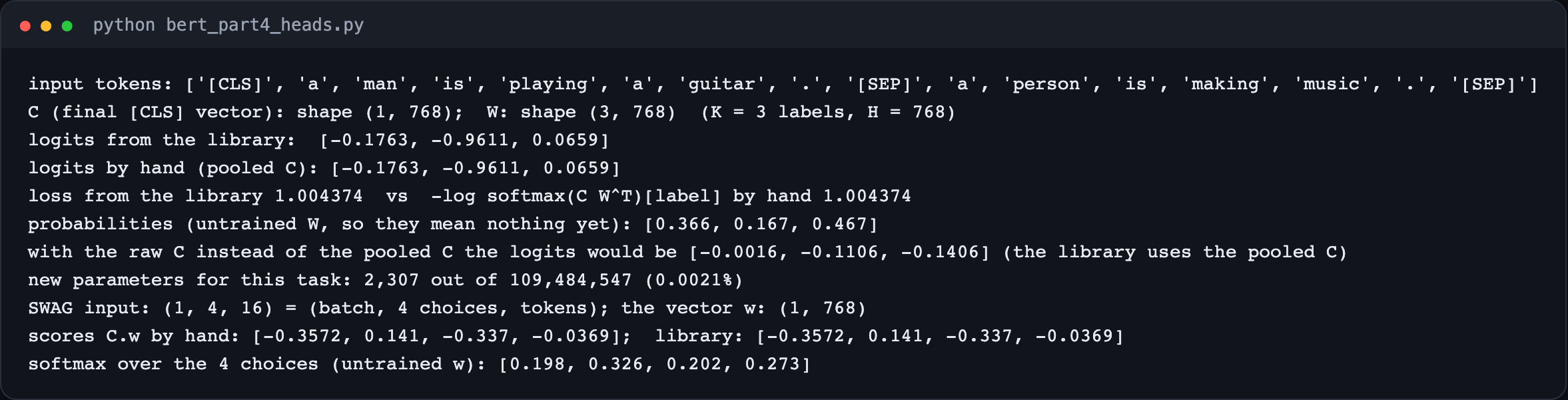 Terminal output of bert_part4_heads.py: the GLUE classifier logits and loss computed by hand match the library, and the SWAG scores match