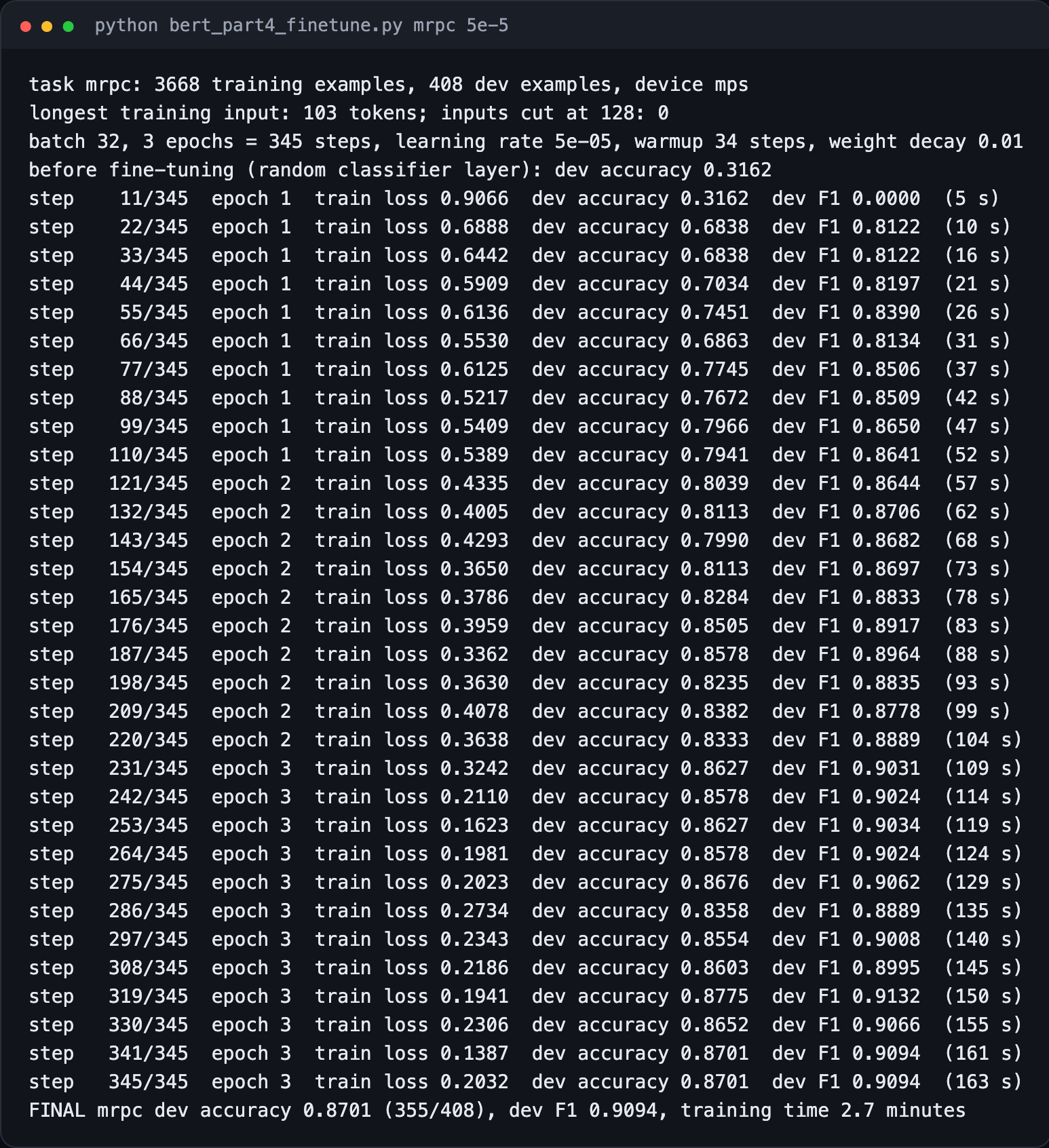 Terminal output of the MRPC fine-tuning run with learning rate 5e-5