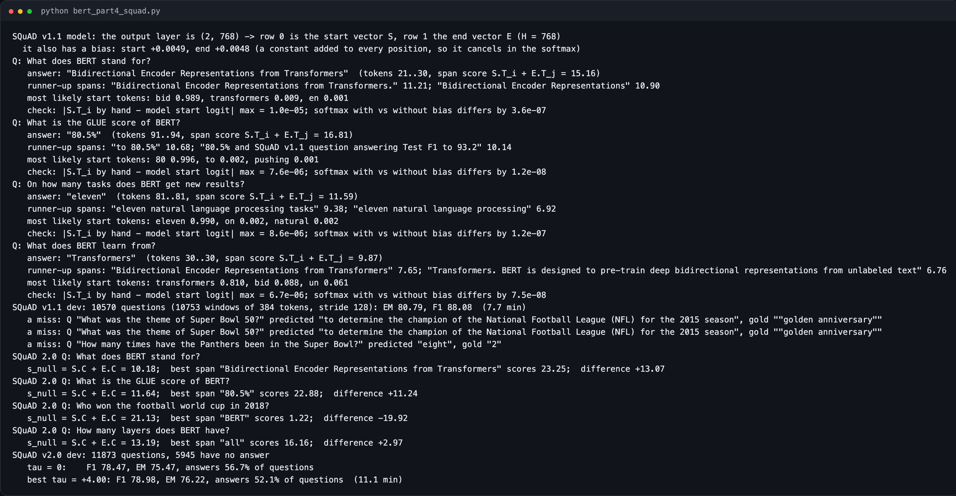 Terminal output of bert_part4_squad.py: the span search on the abstract, SQuAD v1.1 dev EM and F1, the SQuAD 2.0 null scores and the threshold search