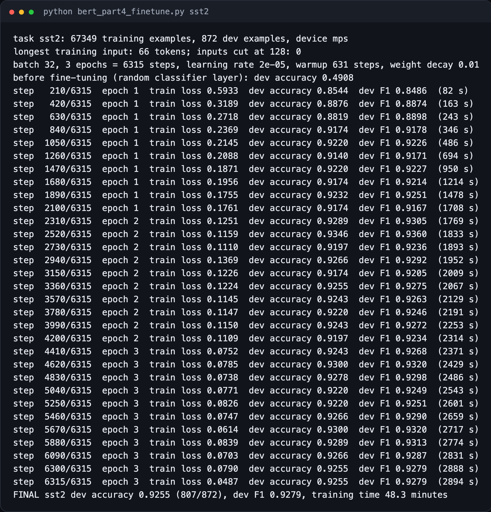 Terminal output of the SST-2 fine-tuning run: dev accuracy every few hundred steps and the final result