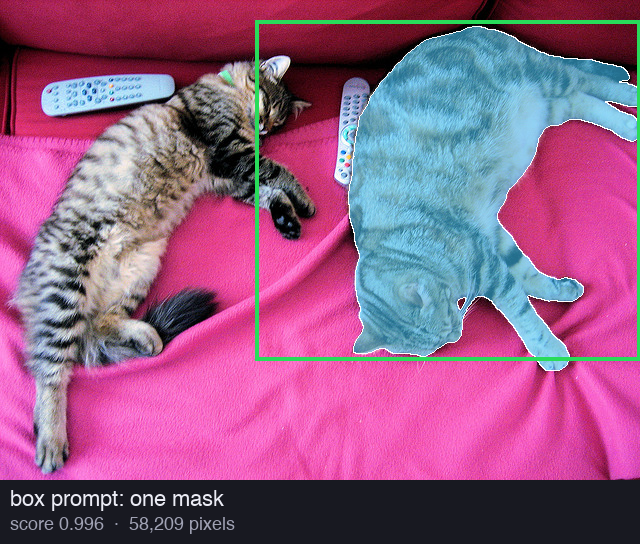 The full picture with a green box around the right cat. The mask in blue covers the right cat. Score 0.996, 58,209 pixels
