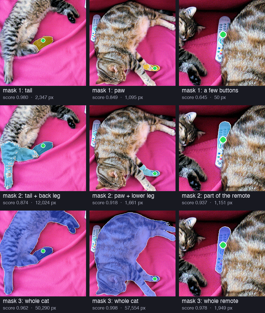 A grid of nine crops in three columns and three rows, like Figure 3 of the paper. Column 1: the tail click gives the tail, the tail with the back leg, and the whole left cat. Column 2: the paw click gives the paw, the paw with the lower leg, and the whole right cat. Column 3: the remote click gives a few buttons, part of the remote, and the whole remote
