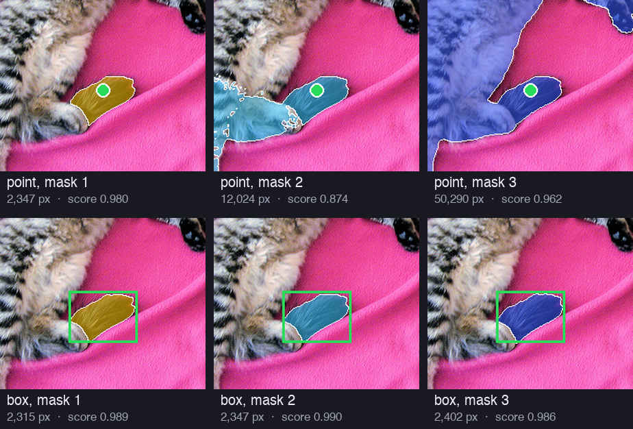 Two rows of three crops of the left cat's tail. Top row, a point: the tail, the tail with the back leg, and the whole cat. Bottom row, a green box around the tail: three almost identical tail masks of 2,315, 2,347 and 2,402 pixels