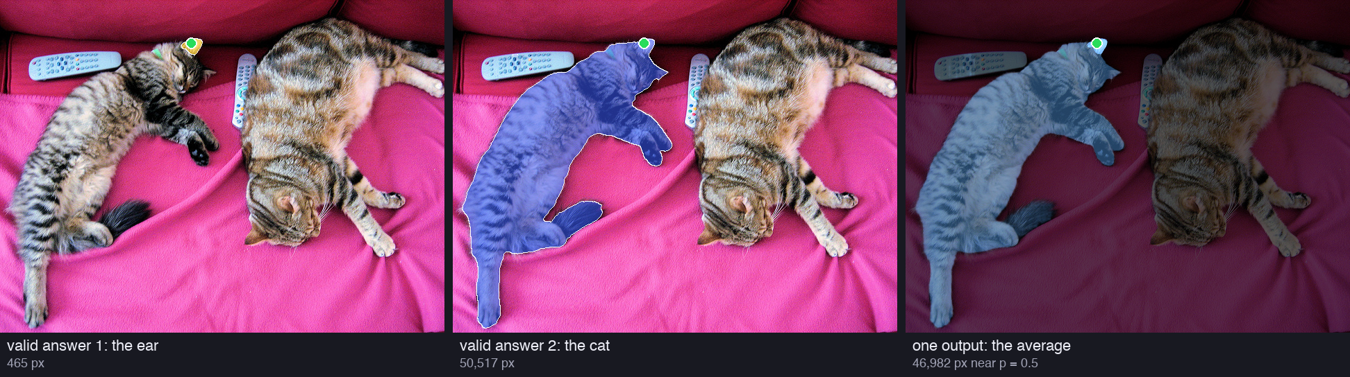 Three panels. Left: a small yellow mask on the cat's ear, 465 pixels. Middle: a blue mask over the whole left cat, 50,517 pixels. Right: a dark photo where the ear is bright and the whole cat glows at half strength, 46,982 pixels near probability 0.5