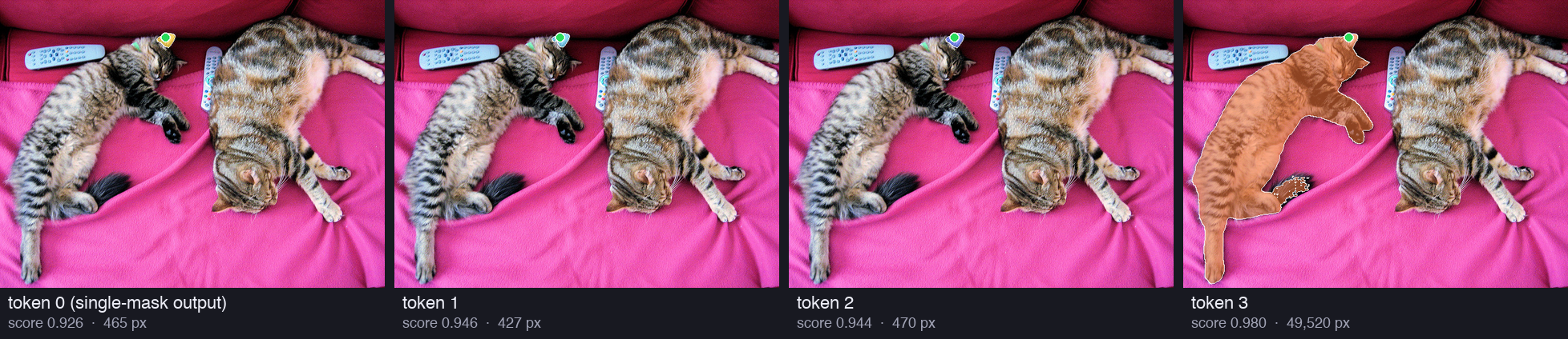 Four copies of the photo with the click on the ear. Token 0, token 1 and token 2 each show a small mask on the ear, of 465, 427 and 470 pixels. Token 3 shows an orange mask over the whole left cat, 49,520 pixels