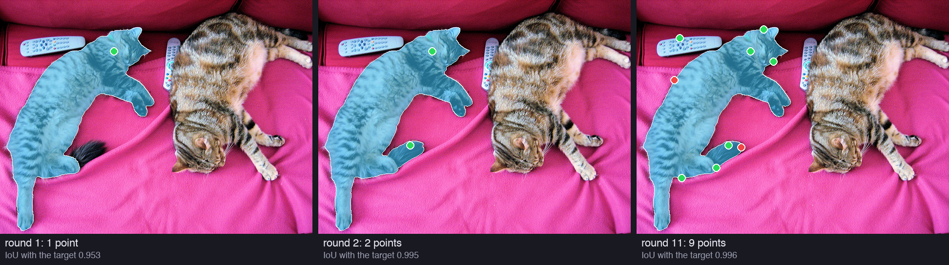 Three copies of the photo with the left cat masked in blue. Round 1 has one green point on the cat's head, IoU 0.953. Round 2 adds a green point on the tail, IoU 0.995. Round 11 shows nine points, green and red, IoU 0.996