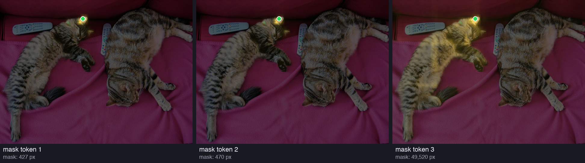 Three dark copies of the photo, each with a bright heat map. For mask tokens 1 and 2, a small bright spot sits on the left cat's ear, at the click. For mask token 3, a weaker glow spreads over the head and the body of the left cat