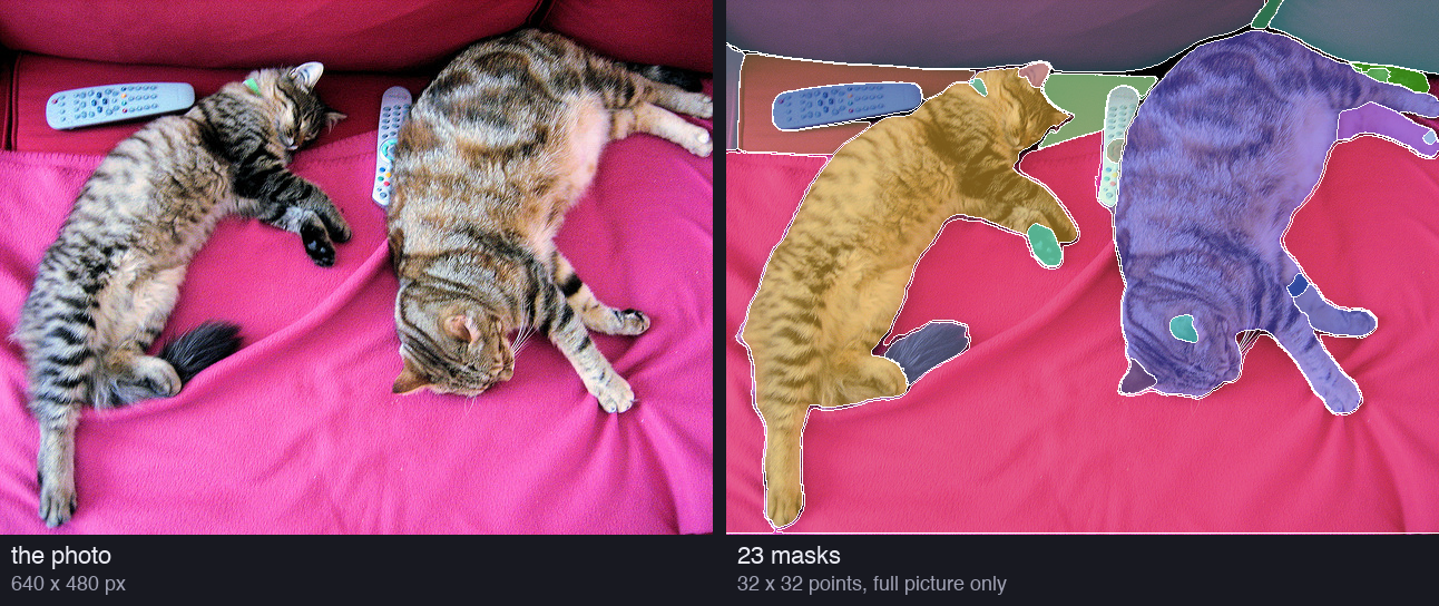 Two copies of the cat photo. The second shows 23 coloured masks: each cat, the blanket, the sofa back, the two remote controls, a tail, paws, a collar and a few pieces of the sofa