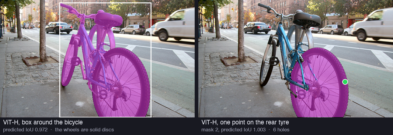 Two copies of a photo of a blue bicycle on a city sidewalk, both overlaid with a pink mask. Left: a box around the bicycle; the mask covers the frame and both wheels as solid discs, including the road visible between the spokes. Right: one green point on the rear tyre; the mask is the whole rear wheel as a solid disc