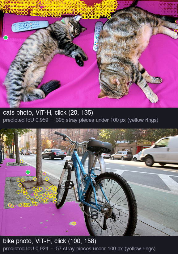 Two photos with pink masks and yellow rings. Top: the cats photo, a click on the blanket at the left; the blanket mask is pink, and a dense row of yellow rings marks hundreds of tiny islands on the red cloth at the top. Bottom: the bicycle photo, a click on the sidewalk; the sidewalk mask is pink, and many yellow rings mark small islands on the bricks around the tree