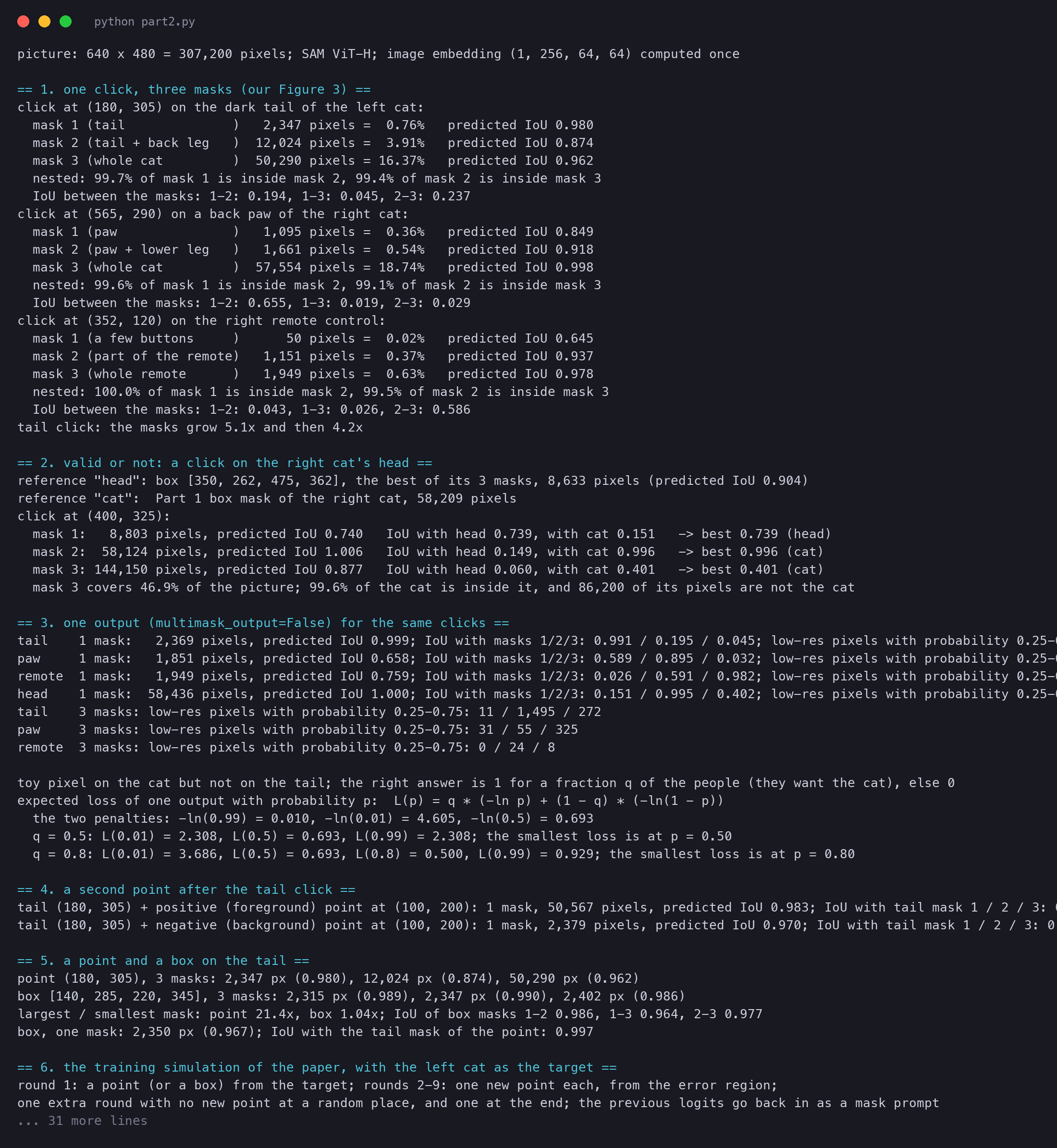 Terminal output of sam_part2.py: the three masks of the tail, paw and remote clicks, the validity check of the head click, the single-output test, the second point, the point and box on the tail, the 11 rounds of the training game and the noisy boxes