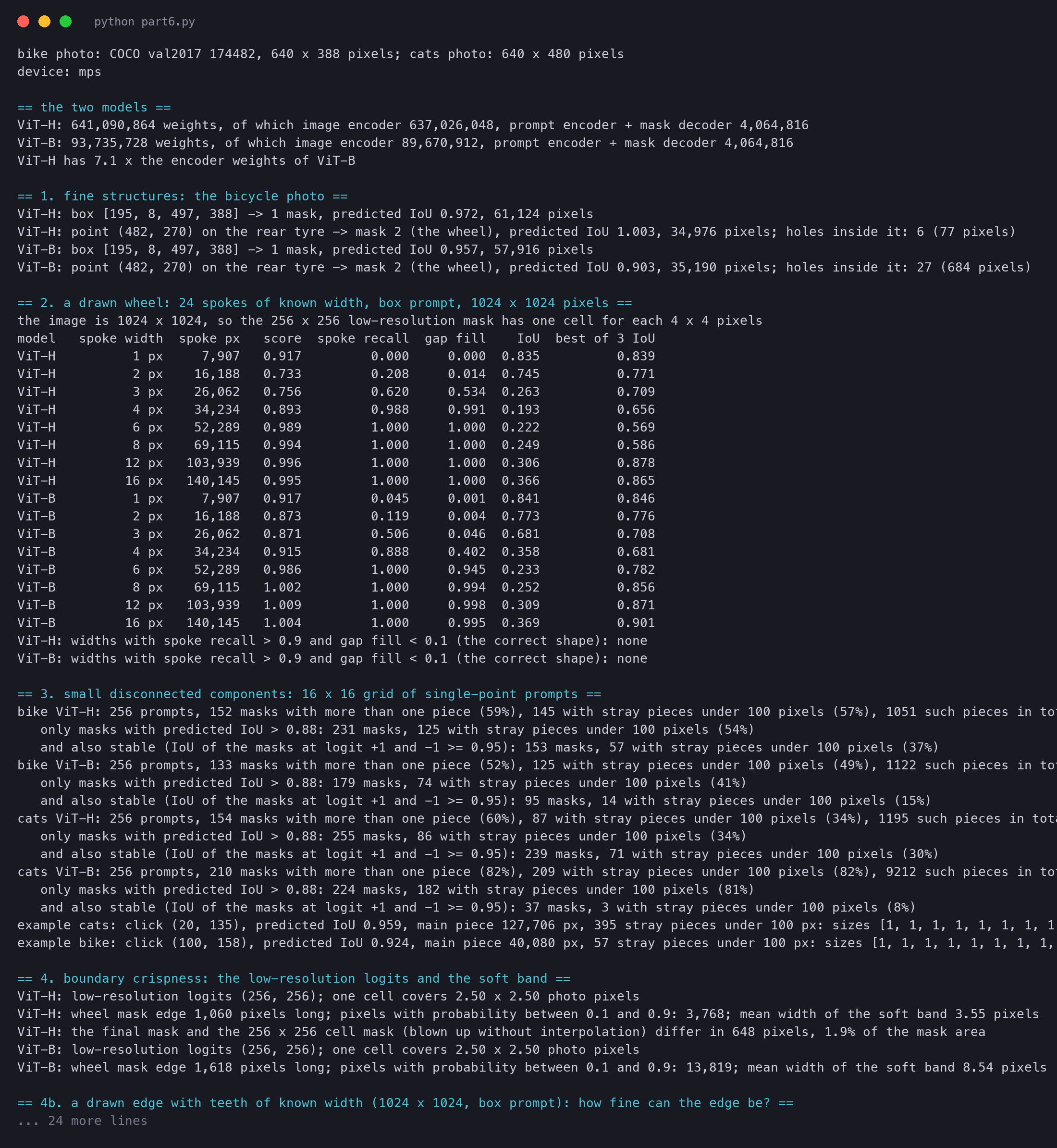 Terminal output of sam_part6.py: the weights of the two models, the bicycle masks, the table of the drawn wheel with spoke recall and gap fill for each width, and the counts of stray pieces