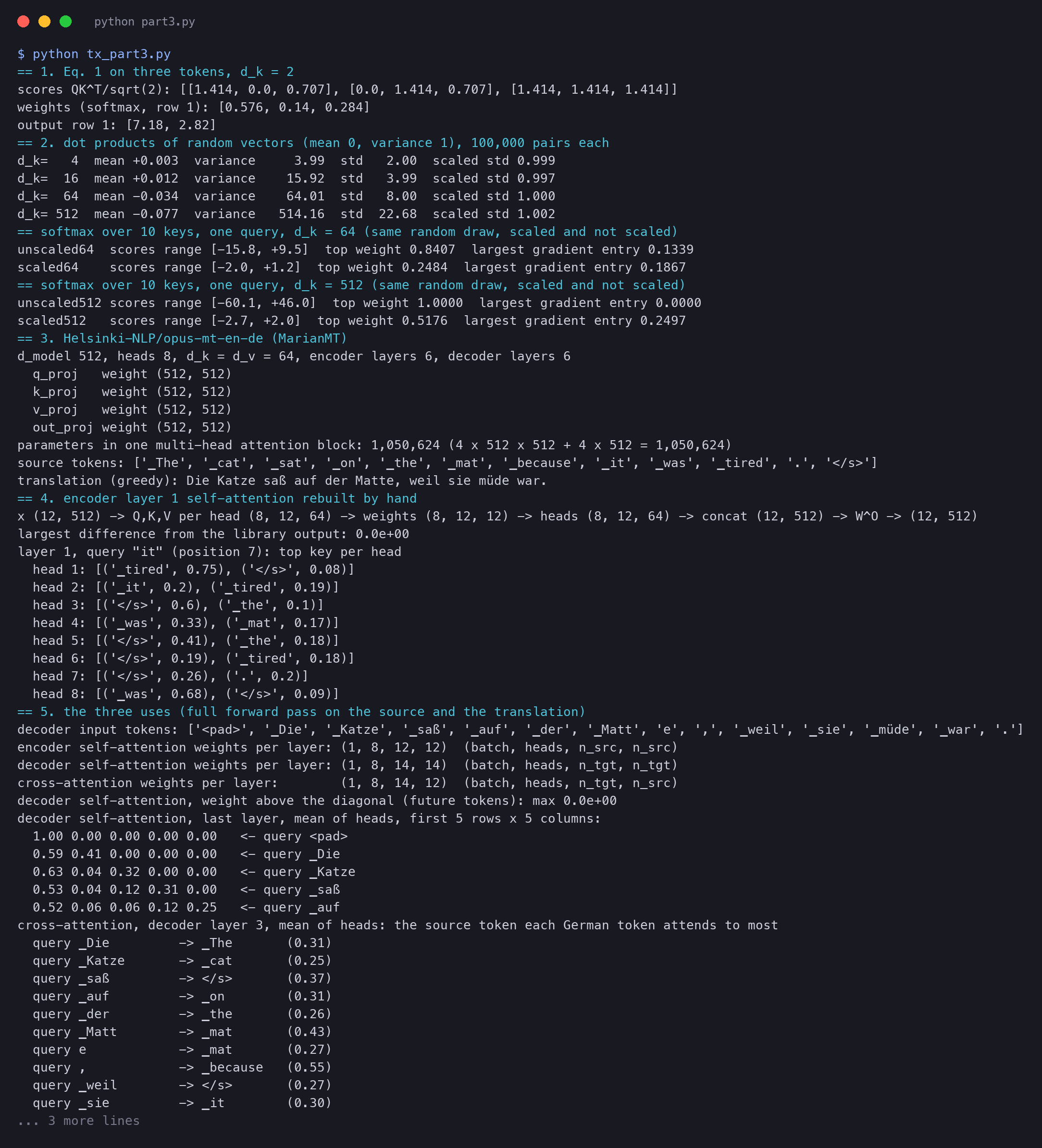 Terminal output of tx_part3.py with every result on this page