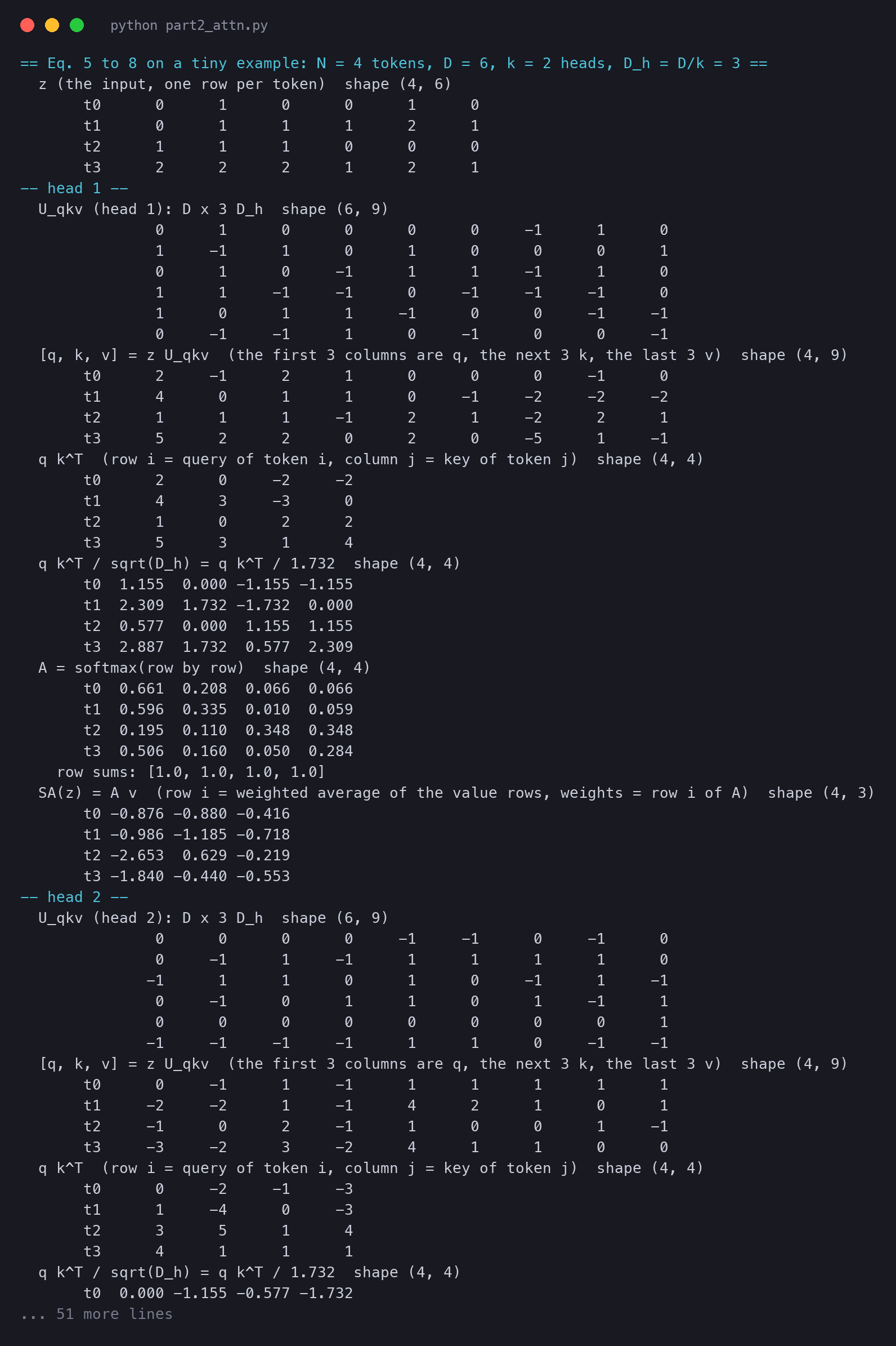 Terminal output of vit_part2_attn.py: the input z, U qkv, q k v, the scores, the softmax weights and SA of z for two heads, the concatenation and U msa, the hand check of one softmax entry and the permutation equivariance test
