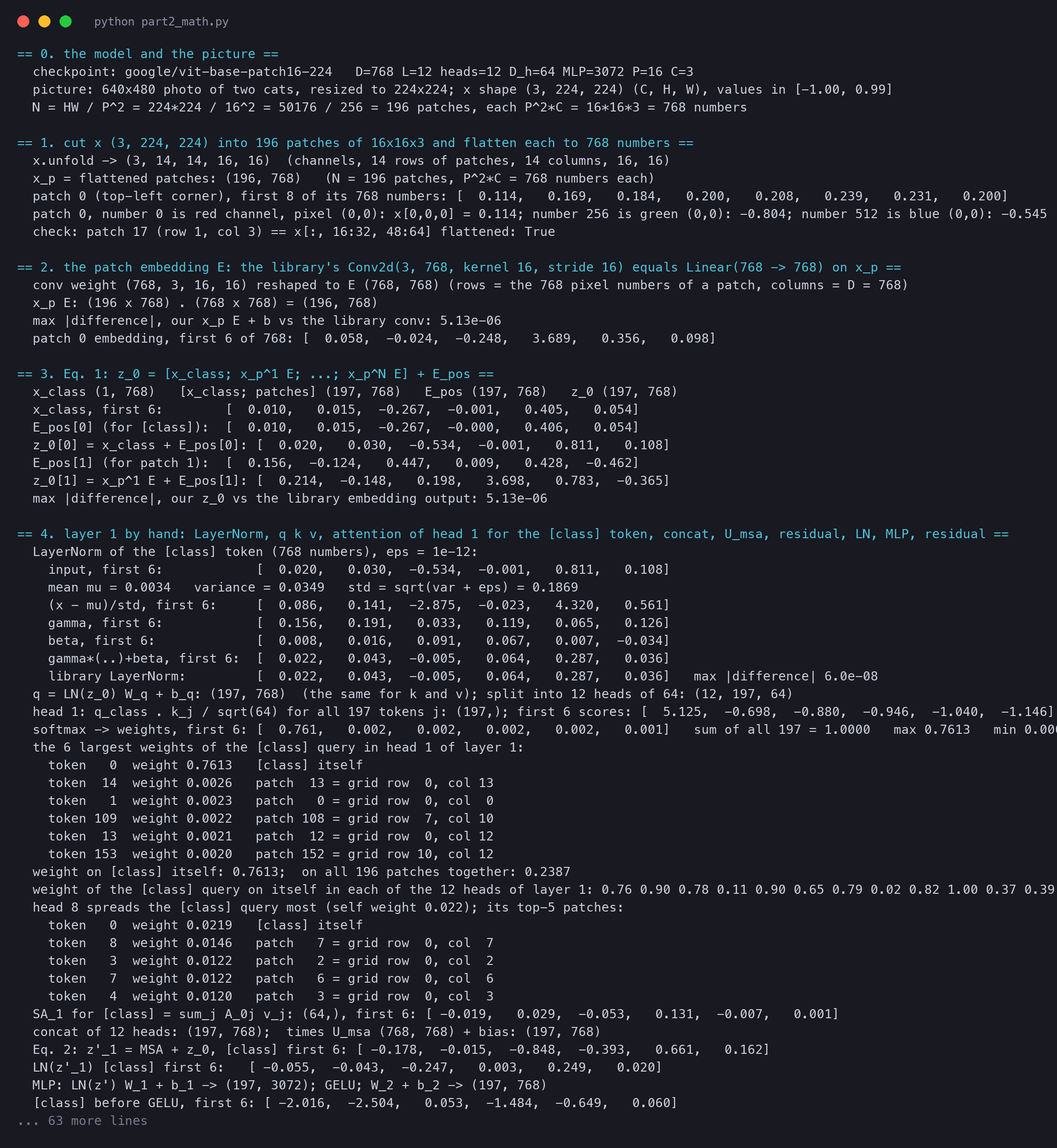Terminal output of vit_part2_math.py: the picture and model configuration, the 196 patches and the first numbers of patch 0, the conv-equals-linear check, Equation 1 with the class token and position numbers, LayerNorm by hand, the attention of head 1 and head 8 of layer 1 for the class token, GELU values, the twelve layers compared with the library, Equation 4 and the top-5 classes, the head and pooler check and the parameter counts