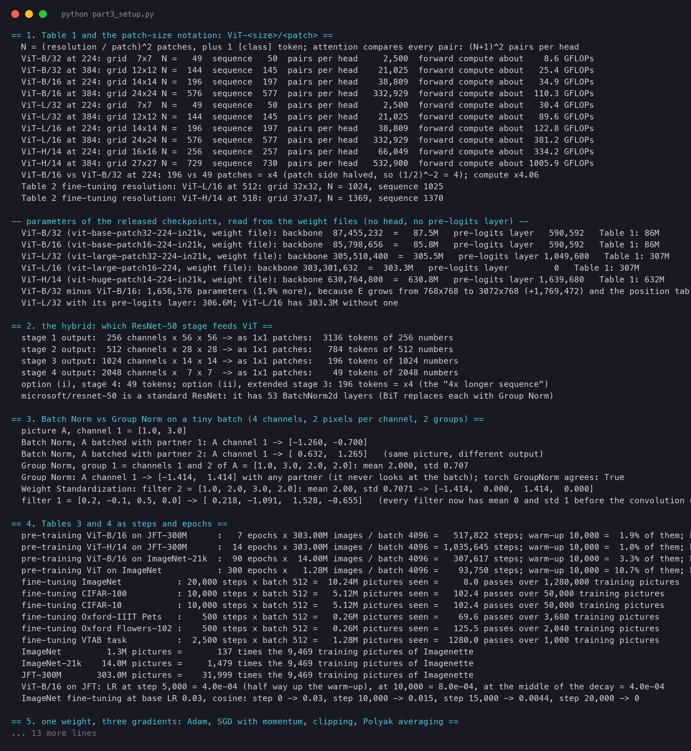 Terminal output of vit_part3_setup.py: sequence lengths and compute for each ViT variant, parameter counts from the weight files, the ResNet-50 stage shapes, the Batch Norm and Group Norm example, the schedules of Tables 3 and 4, and Adam, SGD, clipping and Polyak averaging by hand